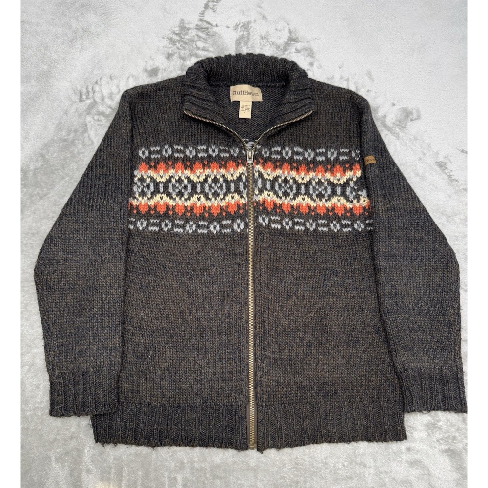 Vintage Ruff Hewn Wool Zip Sweater Jacket Mens Large Fair Isle Cardigan 90s Y2K